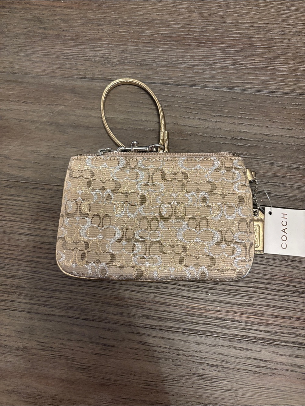 Coach Beige Signature Wristlet - Metallic Accents